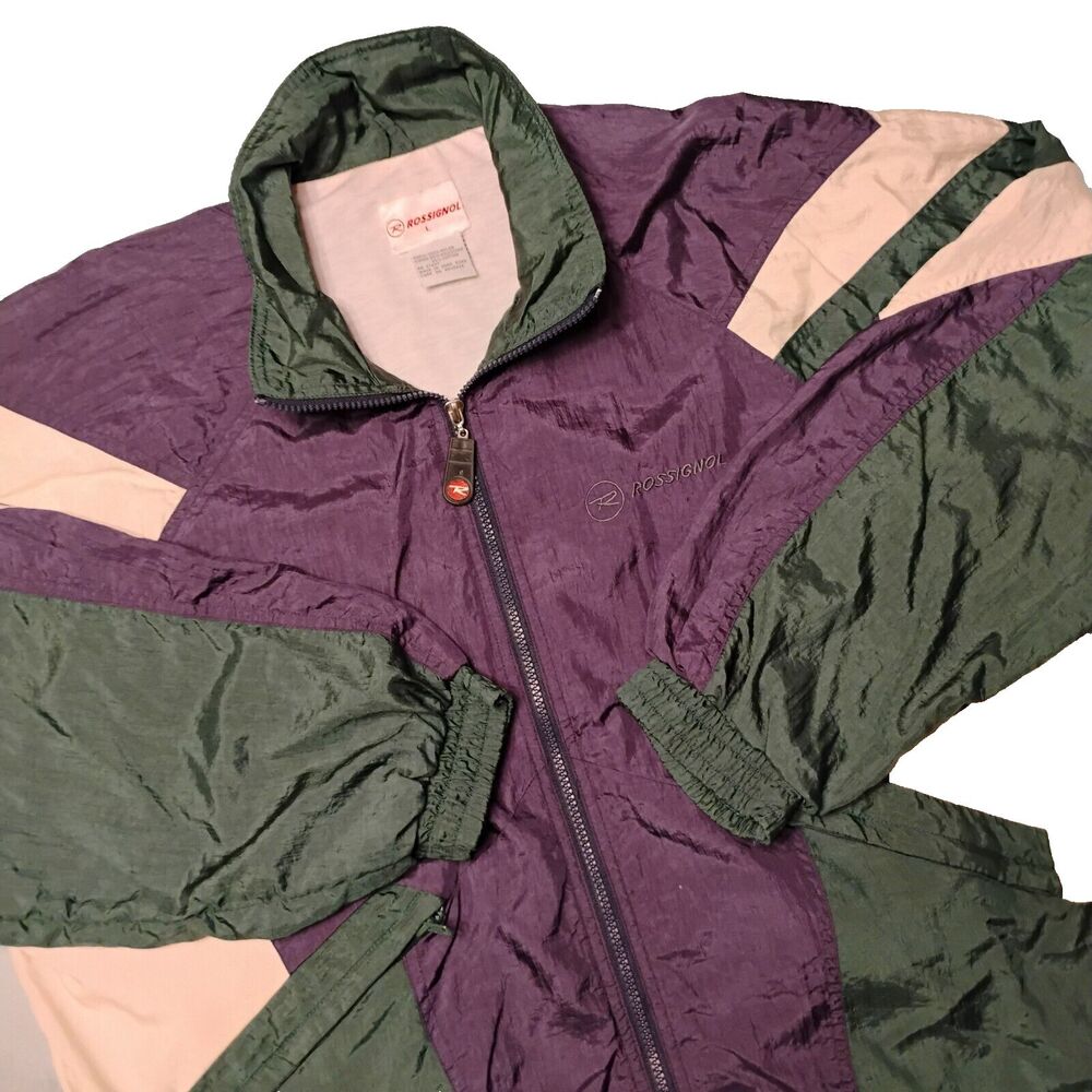 VTG Rossignol Purple Green & White Striped Windbreaker Jacket Mens Size Large